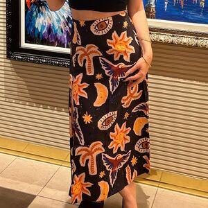 Black Crop Tank with Black Patterned Maxi Skirt - Orange & Cream Motif